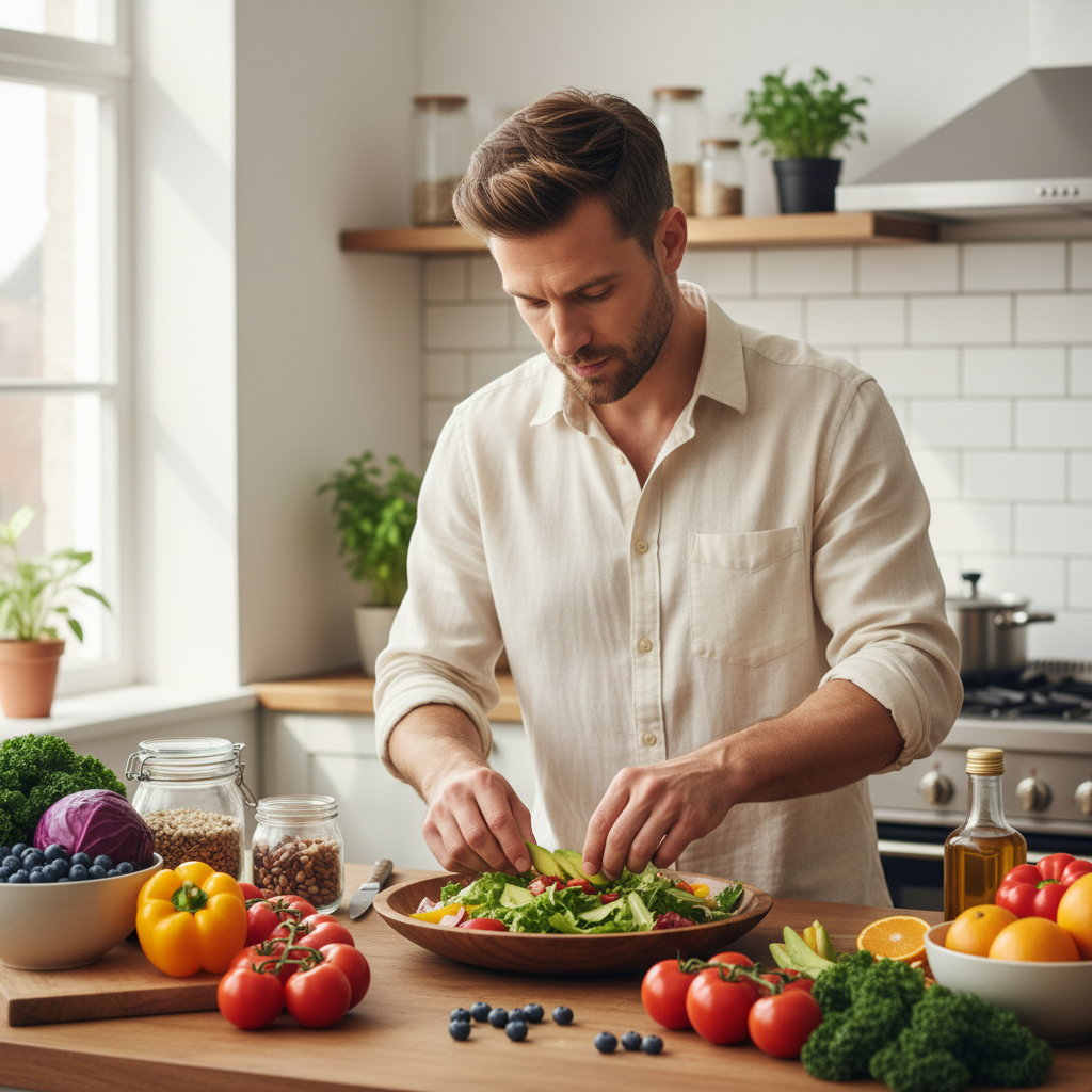 Homme en train de composer un repas naturel avec des ingrédients frais et colorés sur un plan de travail en bois, geste attentif et concentré, lumière naturelle latérale sur la scène