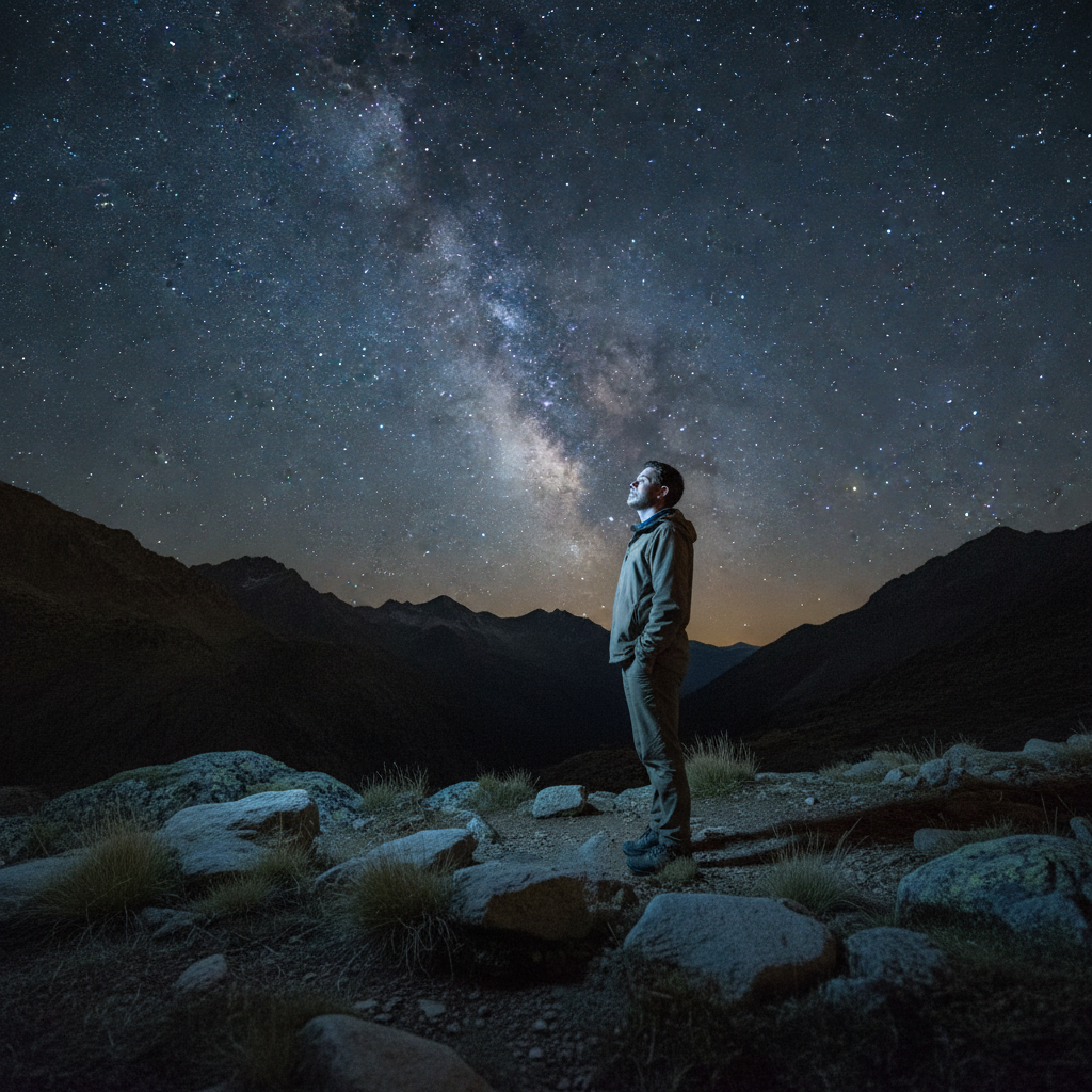 Homme observant le ciel nocturne étoilé depuis une terrasse naturelle en montagne, silence et contemplation, éclairage doux des étoiles sur son visage pensif