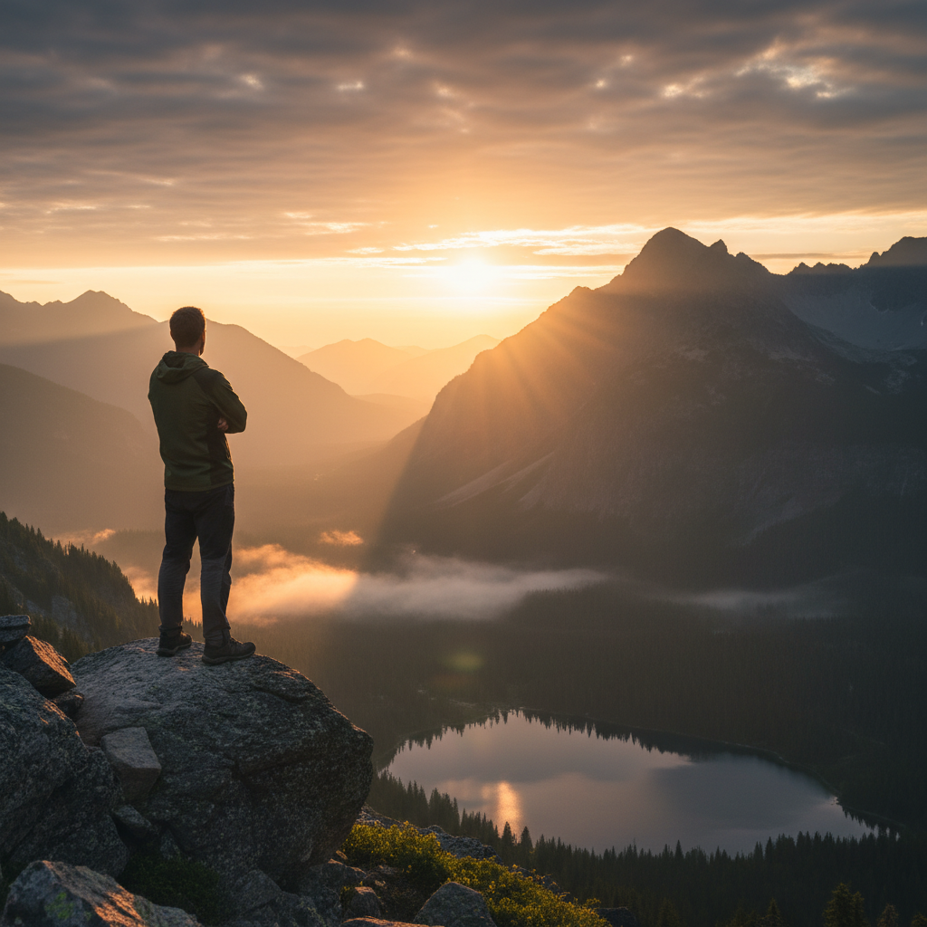 Homme contemplant un paysage montagneux naturel au lever du soleil, silhouette éclairée par une lumière chaude dorée, évoquant la sérénité et la connexion avec la nature