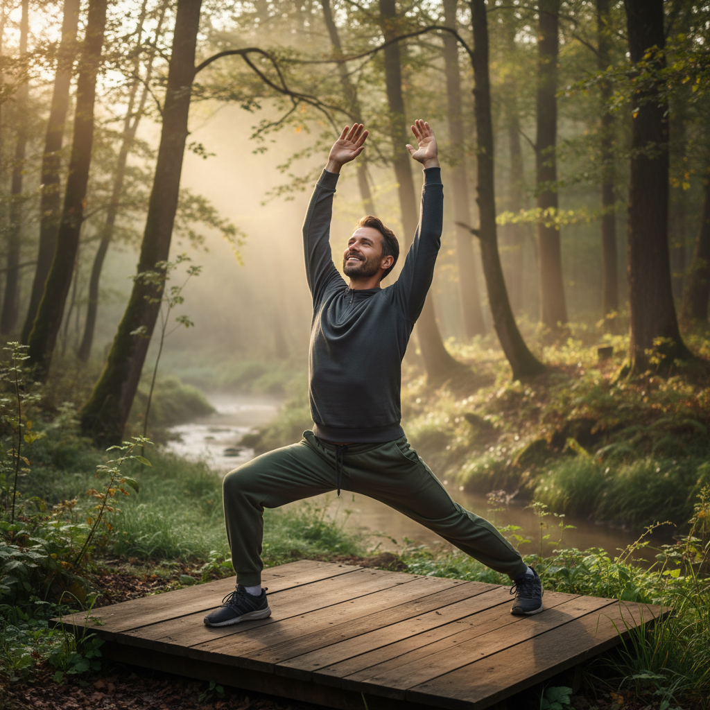 Homme pratiquant des étirements matinaux en plein air dans un environnement naturel calme, lumière douce du matin filtrant à travers les arbres, exprimant la sérénité et l'équilibre physique