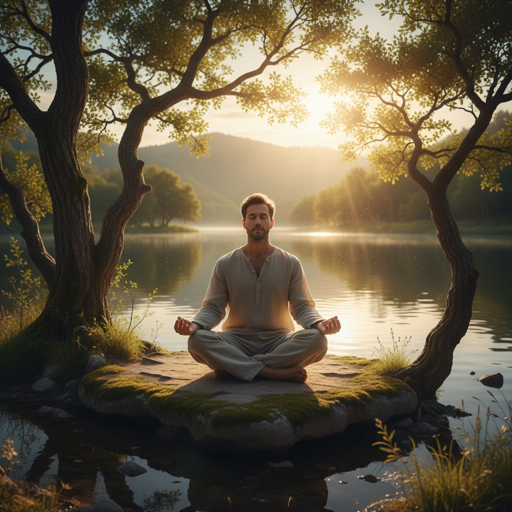 Homme en position de méditation assise dans un environnement naturel serein, lumière dorée de fin d'après-midi, expression de concentration calme et de présence intérieure